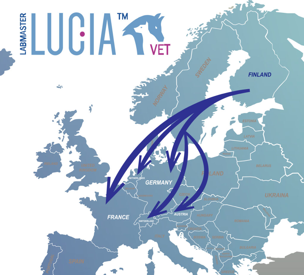 Euroopan kartta, jossa Suomi korostettuna ja nuolet osoittavat Saksaan, Ranskaan, Itävaltaan, Sveitsiin ja Alankomaihin.