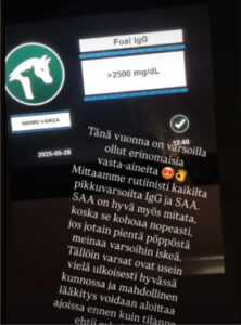 Foal IgG-Testergebnis auf dem LUCIA Vet Analysegerät – geteilt in sozialen Medien